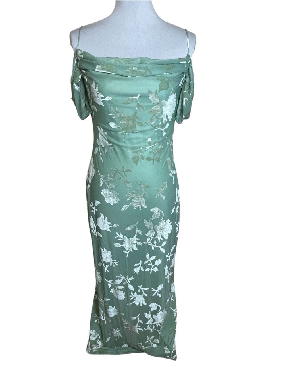 Hello Molly Good Fun Off Shoulder Maxi Dress Velvet Burnout Sage Green Gown Size